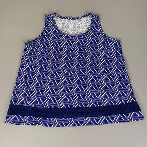 St. Johns Bay  Tank Top Women's 2X Blue White Geometric Sleeveless Lace Trim